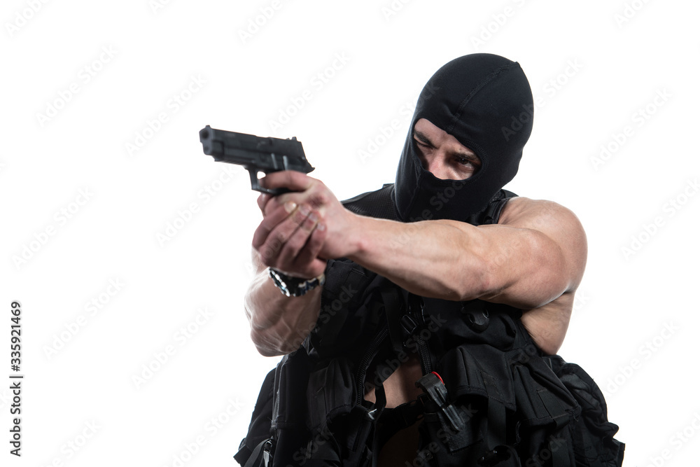 Military Man Holding Gun Isolated on White Background Military Man Holding Gun Isolated on White Background