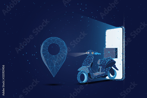 Scooter  or moto bike with delivery. Fast courier. Restaurant food service, mail delivery service, a postal employee the determination of geolocation using electronic device