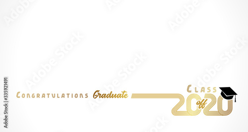 Class off 2020 year congratulation graduate, golden lines design. Gold vector illustration graduation 2020 with black academic cap isolated on light background