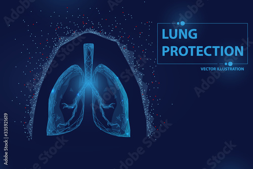 Lungs with shield. Concept of protection lugs and healthy human. low poly , wireframe  ,dots and triangle style , isolate on dark blue background
