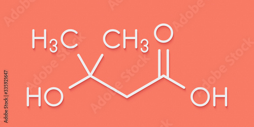 Beta-hydroxy beta-methylbutyric acid (HMB) leucine metabolite molecule. Used as supplement, may increase strength and muscle mass. Skeletal formula.