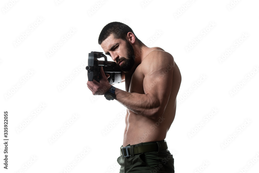 Bodybuilder Soldiers With Gun on a White Background Bodybuilder Soldiers With Gun on a White Background