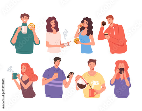 People man woman characters drinking coffee and eating sweet food isolated set collection. Vector flat graphic design illustration