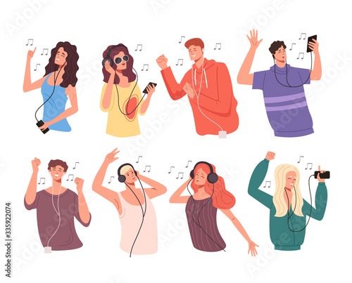 Young people teen characters listen to music and dance isolated set. Vector flat graphic design illustration