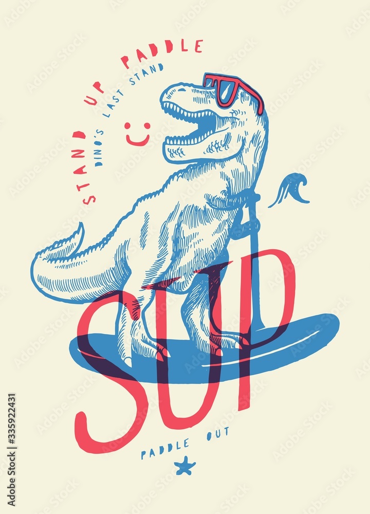Fototapeta premium T-rex SUP t-shirt print. Stand Up Paddle dinosaur tropical vacation vector illustration.