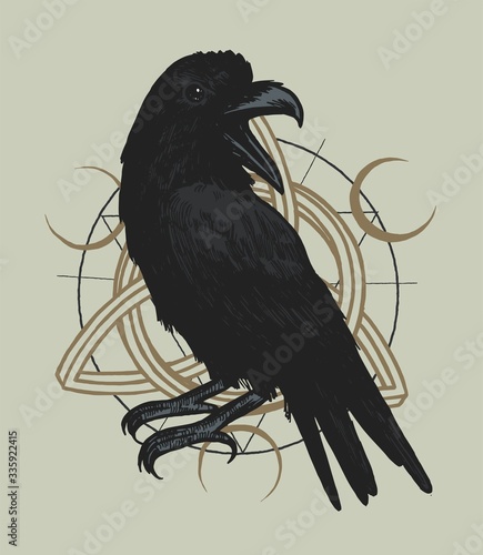 Black raven on the triquetra celtic symbol background with moons occult vector illustration.