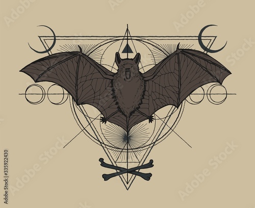 Bat on the geometrical background with moons and bones occult vector illustration.