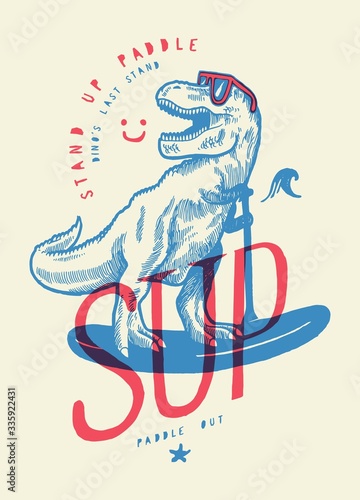 T-rex SUP t-shirt print. Stand Up Paddle dinosaur tropical vacation vector illustration.