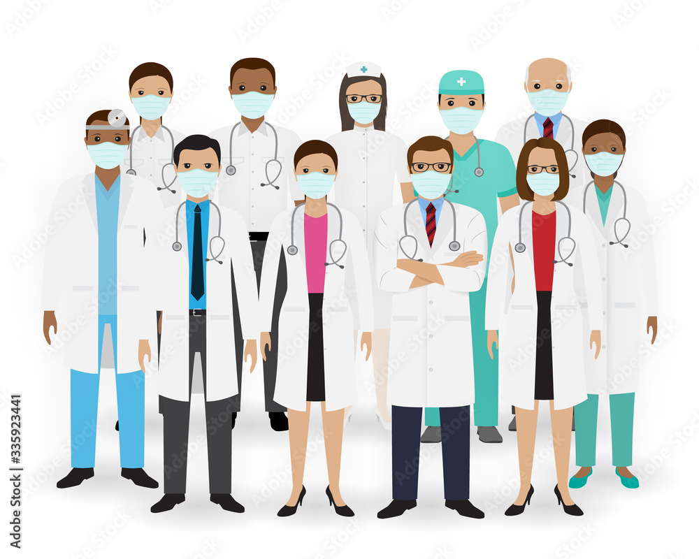 Doctors, nurses and paramedics icons. Group of medical staff with masks. Hospital team. Medicine banner. Flat style vector illustration. Doctors, nurses and paramedics icons. Group of medical staff with masks. Hospital team. Medicine banner. Flat style vector illustration.