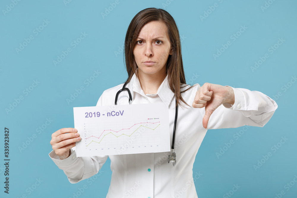 Doctor woman female in white medical suit gown hold infographic recovery death isolated on blue background studio. Epidemic pandemic rapidly spreading coronavirus 2019-ncov medicine flu virus concept. Doctor woman female in white medical suit gown hold infographic recovery death isolated on blue background studio. Epidemic pandemic rapidly spreading coronavirus 2019-ncov medicine flu virus concept.