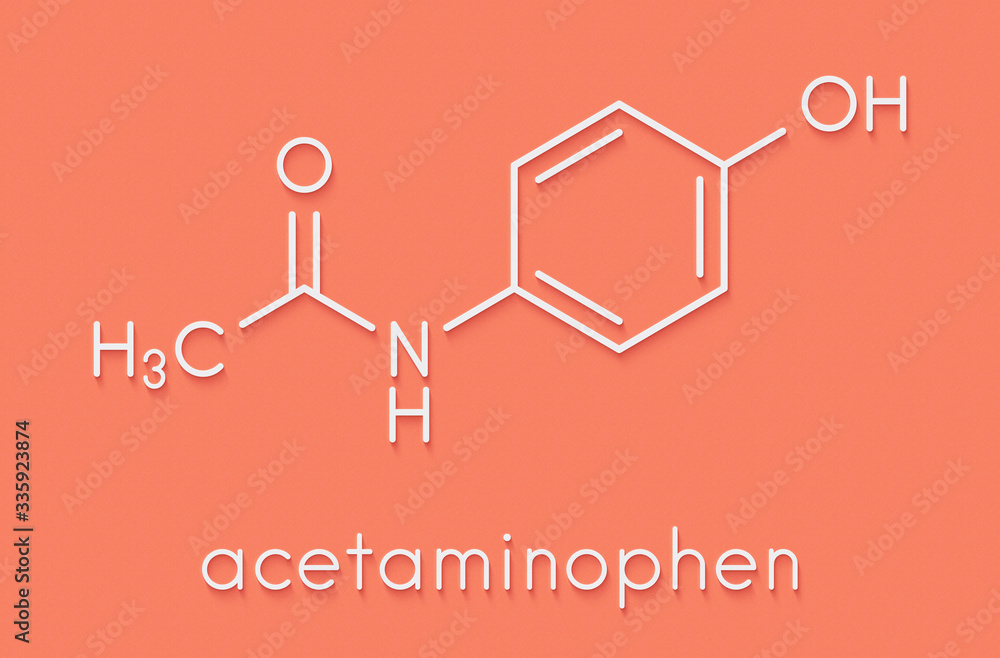 Paracetamol (acetaminophen) analgesic drug molecule. Used to reduce