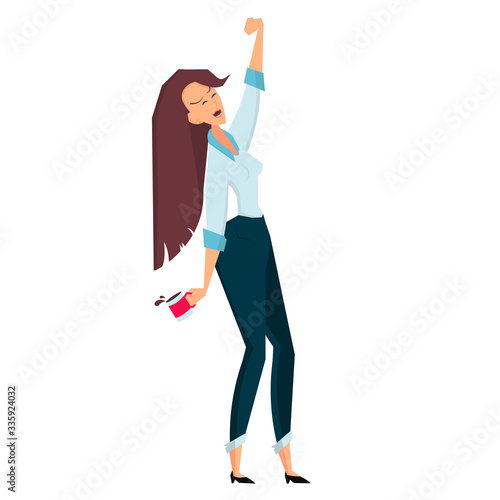 Businessman woman holds a cup of coffee and stretches. Color vector illustration