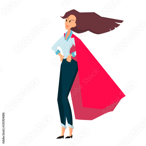 Angry standing businesswoman in red coat. Side view. Color flat vector cartoon illustration