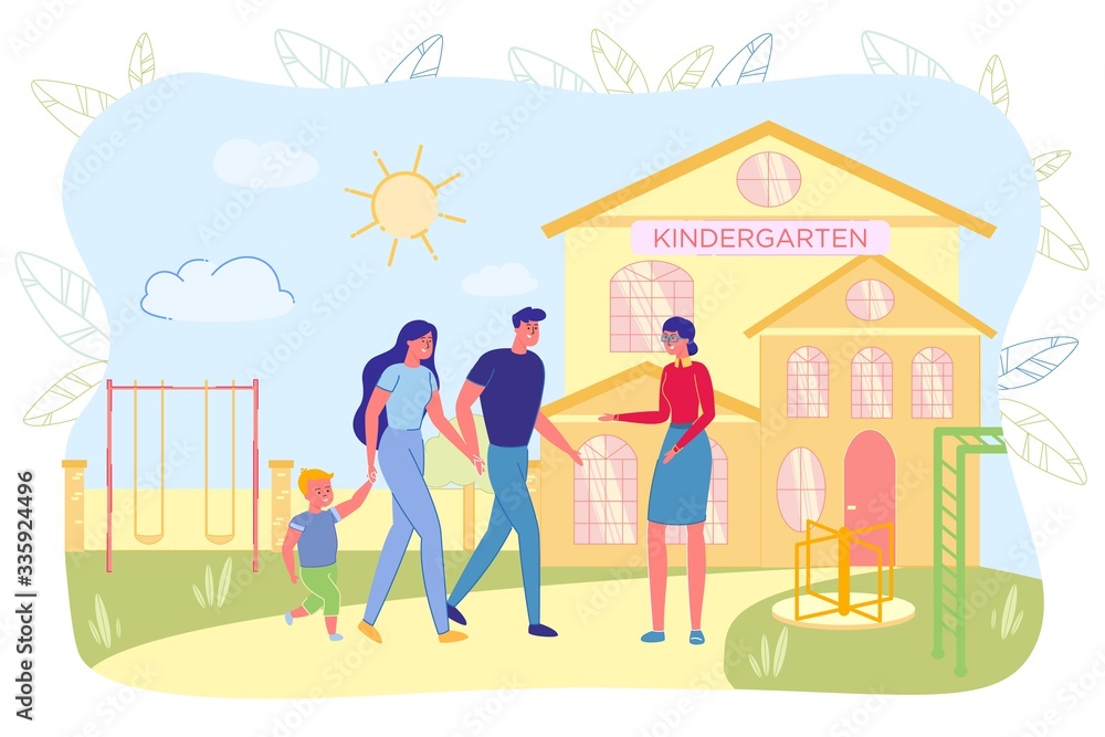 Mother and Father Carrying Kid to Kindergarten Mother and Father Carrying Kid to Kindergarten