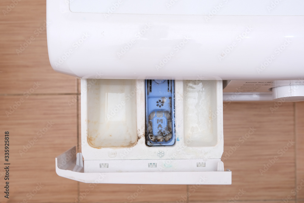 Dirty moldy washing machine detergent and fabric conditioner dispenser