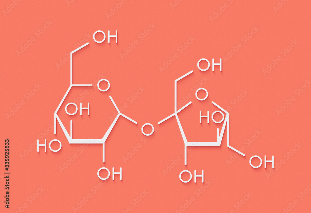 Sucrose sugar molecule. Also known as table sugar, cane sugar or beet