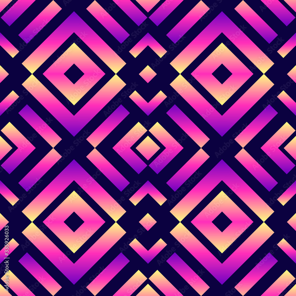 Neon geometric abstract seamless pattern. Vector wallpaper. Tribal fusion elements. Exotic openwork trippy gradient background. Neon geometric abstract seamless pattern. Vector wallpaper. Tribal fusion elements. Exotic openwork trippy gradient background.