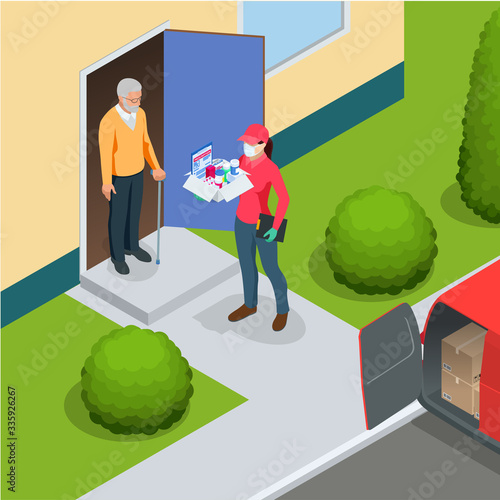 Isometric delivery woman or courier in a protective medical mask holds a parcel in her hands. Free drug delivery. COVID-19. Quarantine in the city. Coronavirus epidemic.