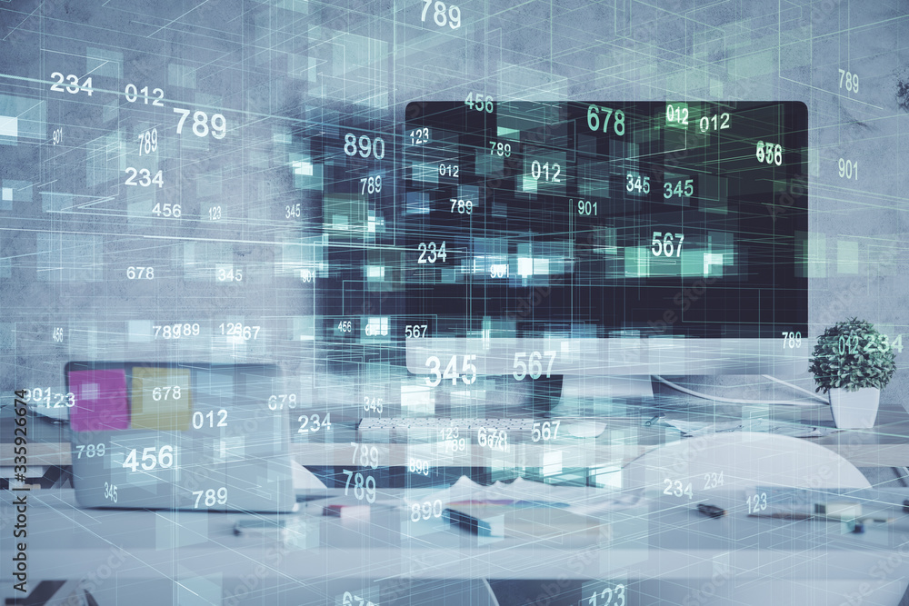 Multi exposure of data theme drawing and office interior background. Concept of technology. Multi exposure of data theme drawing and office interior background. Concept of technology.