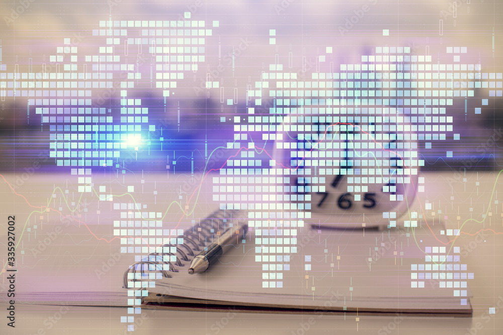 Double exposure of business theme drawings and desk with open notebook background. Concept of international market Double exposure of business theme drawings and desk with open notebook background. Concept of international market