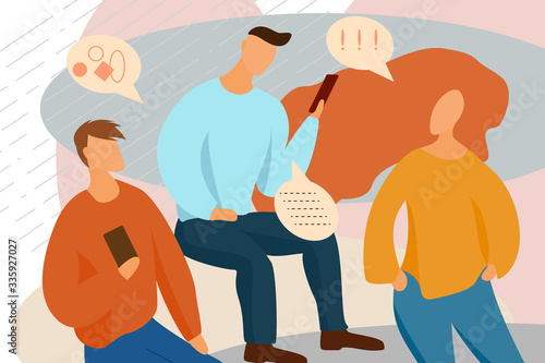 Girl talking to men. Young guys communicate on the Internet. Communication online and in real life. Modern types of social interaction.