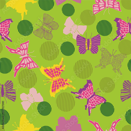 Fototapeta Naklejka Na Ścianę i Meble -  Vector butterfly and flower pattern, green and lila butterfly, blossom. Repeating pattern,