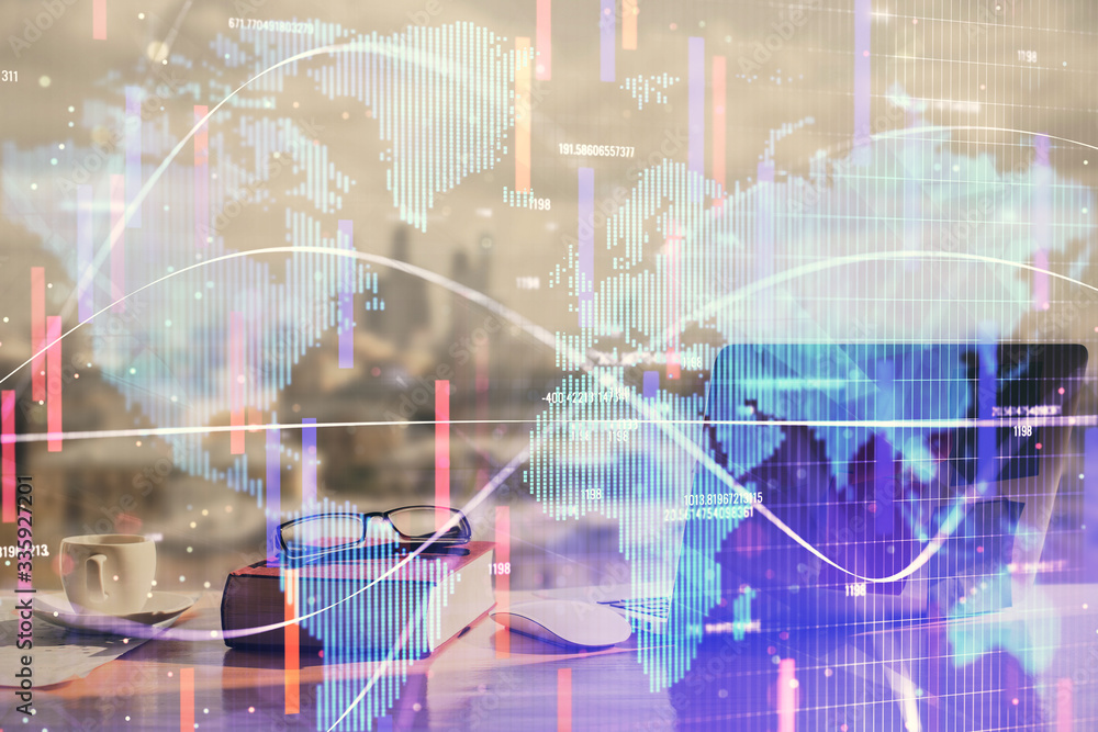 Double exposure of business theme drawings and desk with open notebook background. Concept of international market Double exposure of business theme drawings and desk with open notebook background. Concept of international market