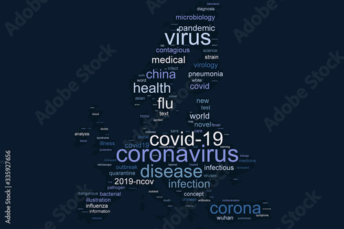 COVID 19 and Coronavirus word cloud with Blue COVID-19 words and grey word tag on map background. Abstract concept 2020 Coronavirus disease.