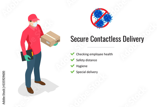 Isometric delivery man or courier in a protective medical mask holds a parcel in her hands. Free drug delivery. COVID-19. Quarantine in the city. Coronavirus epidemic.