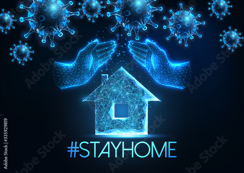 Futuristic stay at home during coronavirus quarantine concept with glowing hands protecting a house