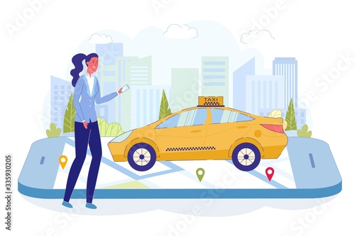 Girl Waiting for Car and Watch Location in City.