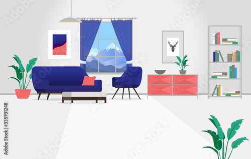 Vector living room background. Illustration of a home with window view of mountain. Apartment, home or room with couch, chair, bookshelf, art and other interior elements. 