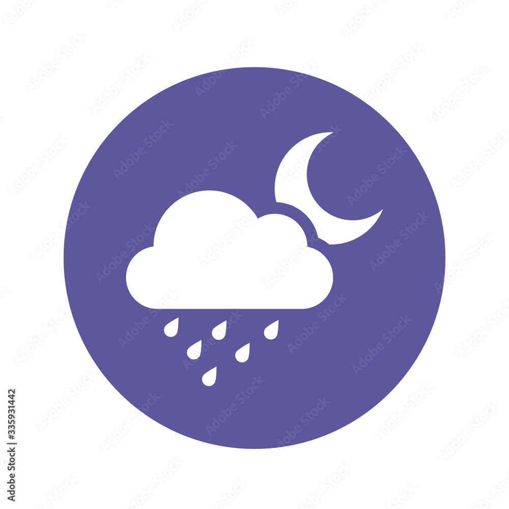 Weather pictogram. Forecast icon. Cloudy night symbol. Rain cloud in night sky with moon behind. Rain fall. Overcast evening. Negative with circle background. Weather pictogram. Forecast icon. Cloudy night symbol. Rain cloud in night sky with moon behind. Rain fall. Overcast evening. Negative with circle background.