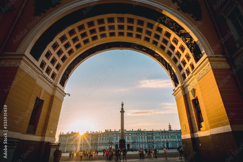 An artistic view of the Palace Square through an archway in St Petersburg, Russia