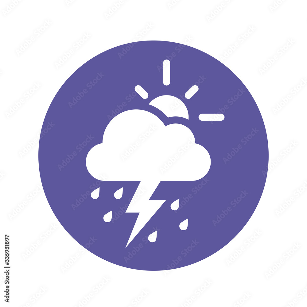 Weather pictogram. Forecast icon. Partially overcast symbol. Cloudy day with sun and thunderstorm. Rainstorm. Negative with circle background. Weather pictogram. Forecast icon. Partially overcast symbol. Cloudy day with sun and thunderstorm. Rainstorm. Negative with circle background.