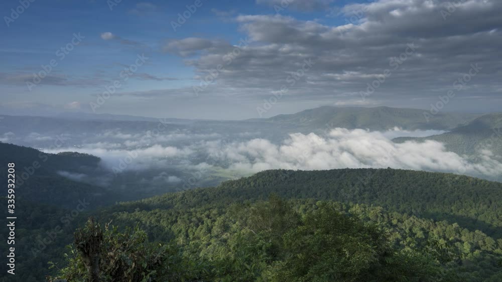 landscape view of sunrise above on mountain with cloudy movement at winter timing located at north of Thailand landscape view of sunrise above on mountain with cloudy movement at winter timing located at north of Thailand