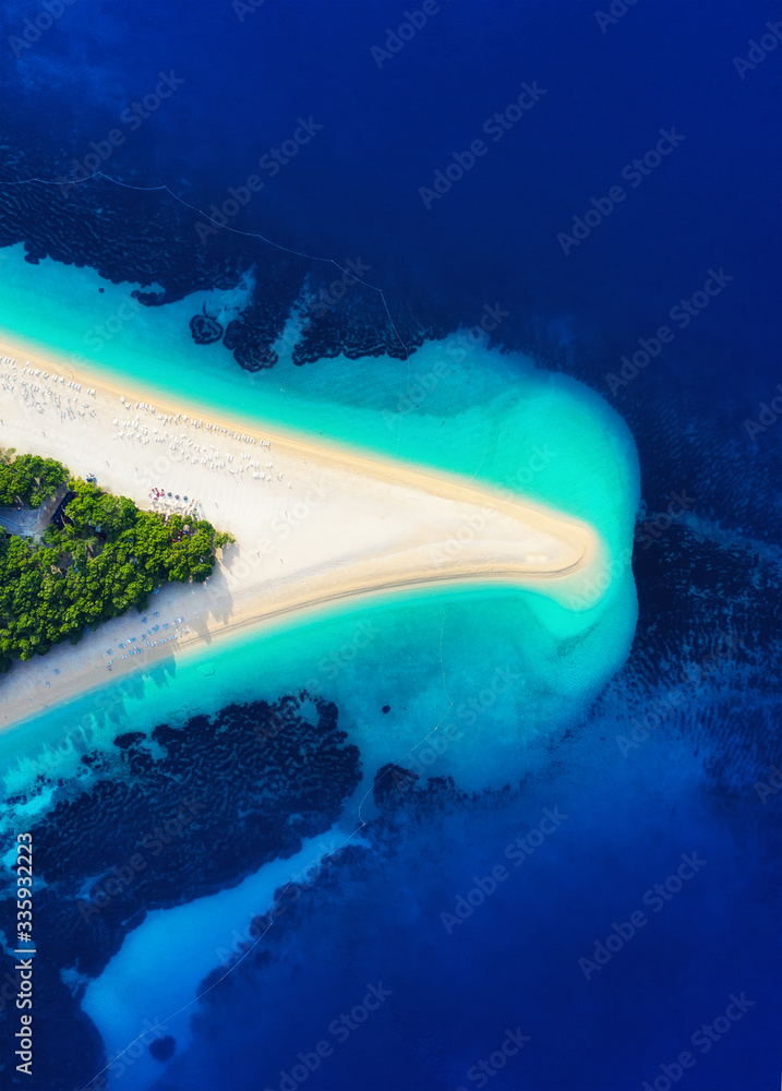 Croatia, Hvar island, Bol town. Aerial view at the Zlatni Rat beach. Famous place in Croatia. Summer seascape from drone. Travel - image