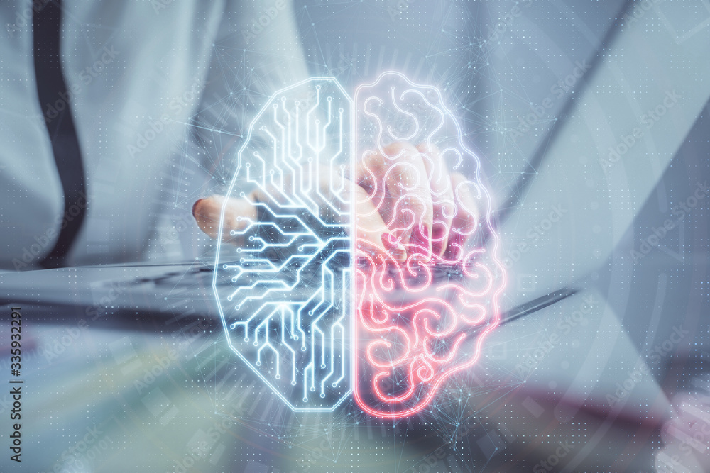 Multi exposure of woman hands working on computer and human brain ...