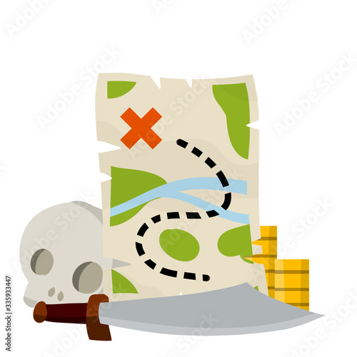 Pirate treasure map. Concept of Search for adventures. Old papyrus with route. Cartoon flat illustration. Set of items - sword, dead man skull, gold coins