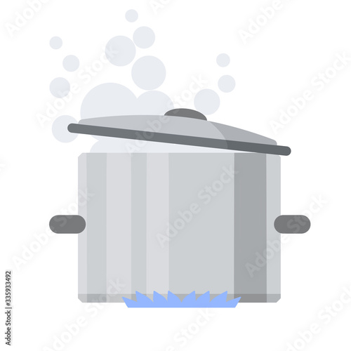 Pan. Grey steel cookware. Big utensil with lid for boiling water on blue fire gas. Grey steam and smoke. Flat Kitchen element and soup preparation.
