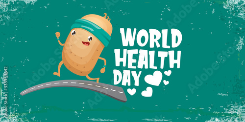World health care day vector illustration with cartoon funky potato character running or jogging outdoor. Cute sporty healthy vegetable character making cardio sport exercise. Fitness cardio concept