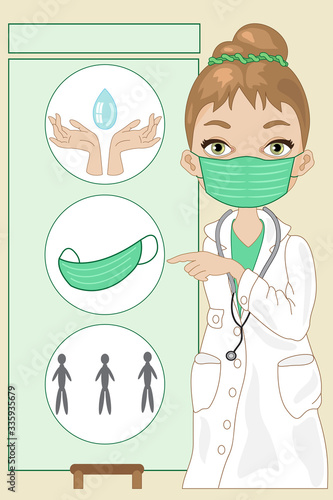 A female doctor signing the precautions to be taken against the covid 19 epidemic