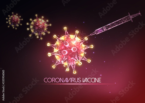 Futuristic coronavirus Covid-19 vaccine concept with glowing low poly syringe and virus molecules