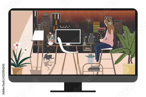 Feeelance Girl siting in the office workspace with city view from the window in her house,Business woman and cat siting on chair near window looking at fireworks at night. Working at home concept