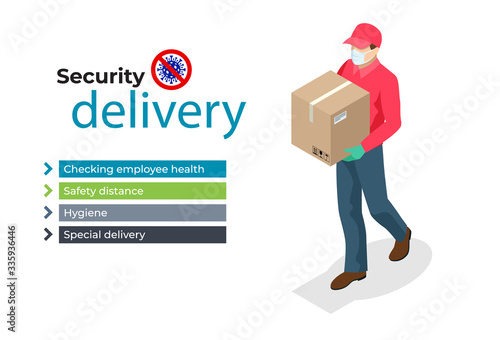 Isometric Delivery man holding cardboard boxes in medical rubber gloves and mask. Online shopping and Express delivery. Quarantine epidemic