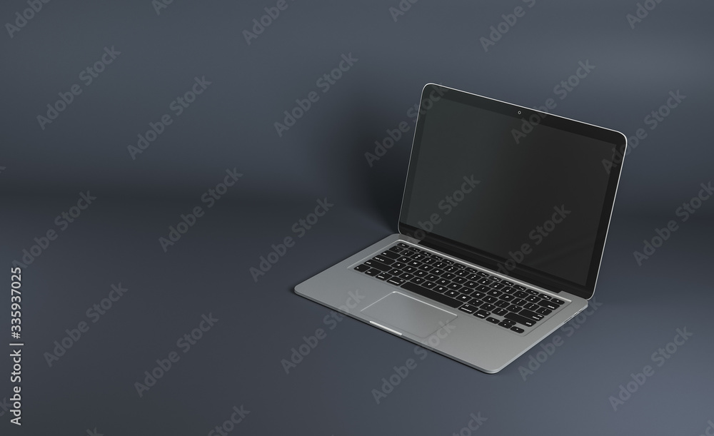 Empty black laptop screen on gray background. Empty black laptop screen on gray background.