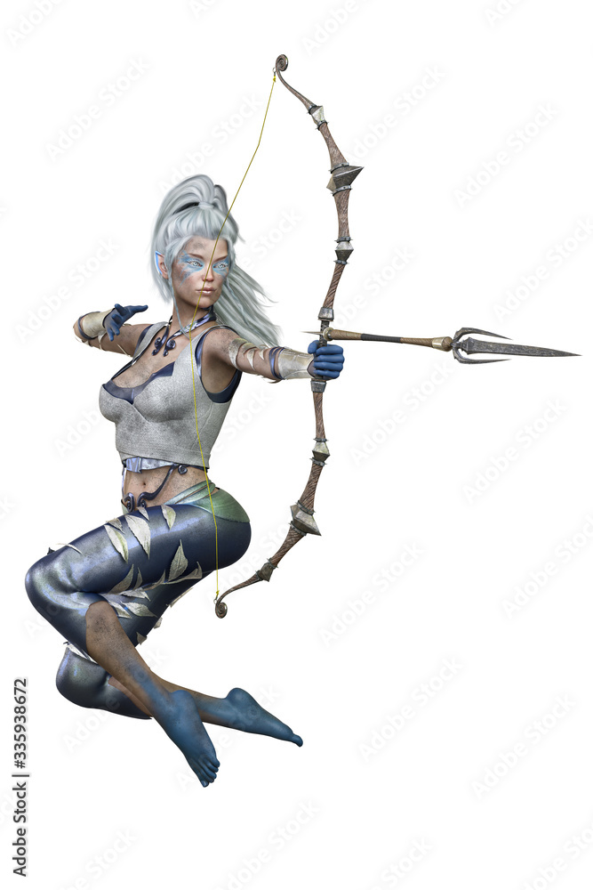 Caucasian Elf Archer Woman with Bow and Arrow on Isolated White Background, 3D illustration, 3D Rendering Caucasian Elf Archer Woman with Bow and Arrow on Isolated White Background, 3D illustration, 3D Rendering