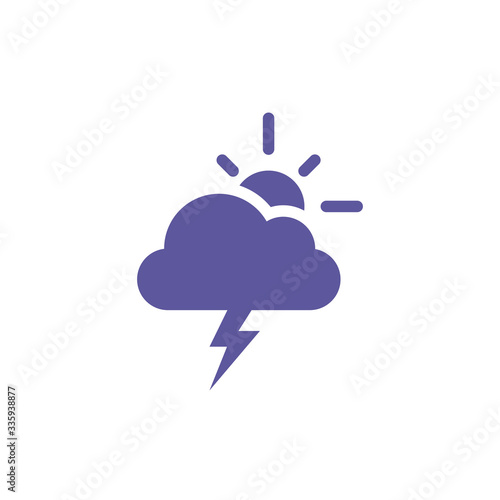 Weather pictogram. Forecast icon. Partially overcast symbol. Cloudy day with sun and thunder. Lightning.
