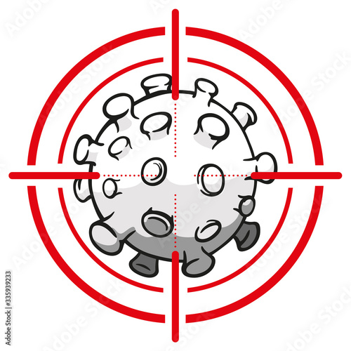 Illustration cartoon with crosshairs over corona virus a microorganism, COVID-19, H1N1, disinfection, sterilization or sanitization. Ideal for educational and institutional material