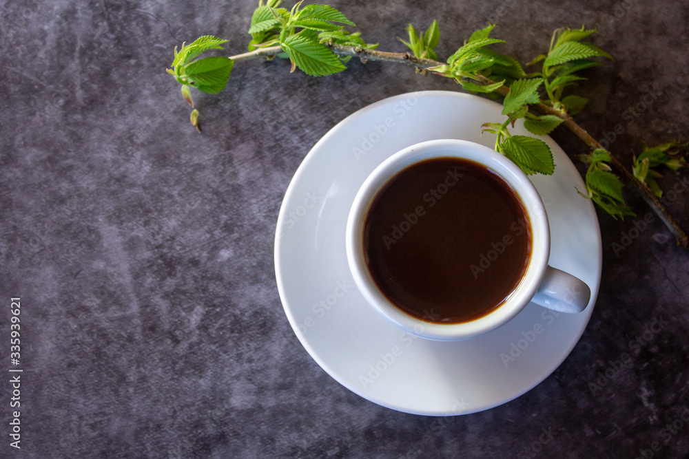 cup of aromatic hot coffee on a dark background flat lay cup of aromatic hot coffee on a dark background flat lay